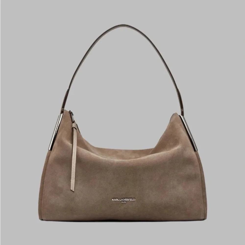 KARL LAGERFELD PARIS Valerie Suede Hobo- Truffle Brown